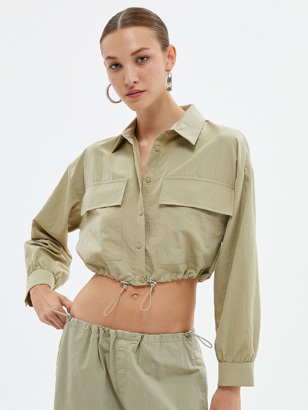 

Koton Spread Collar Crop Casual Shirt, Khaki