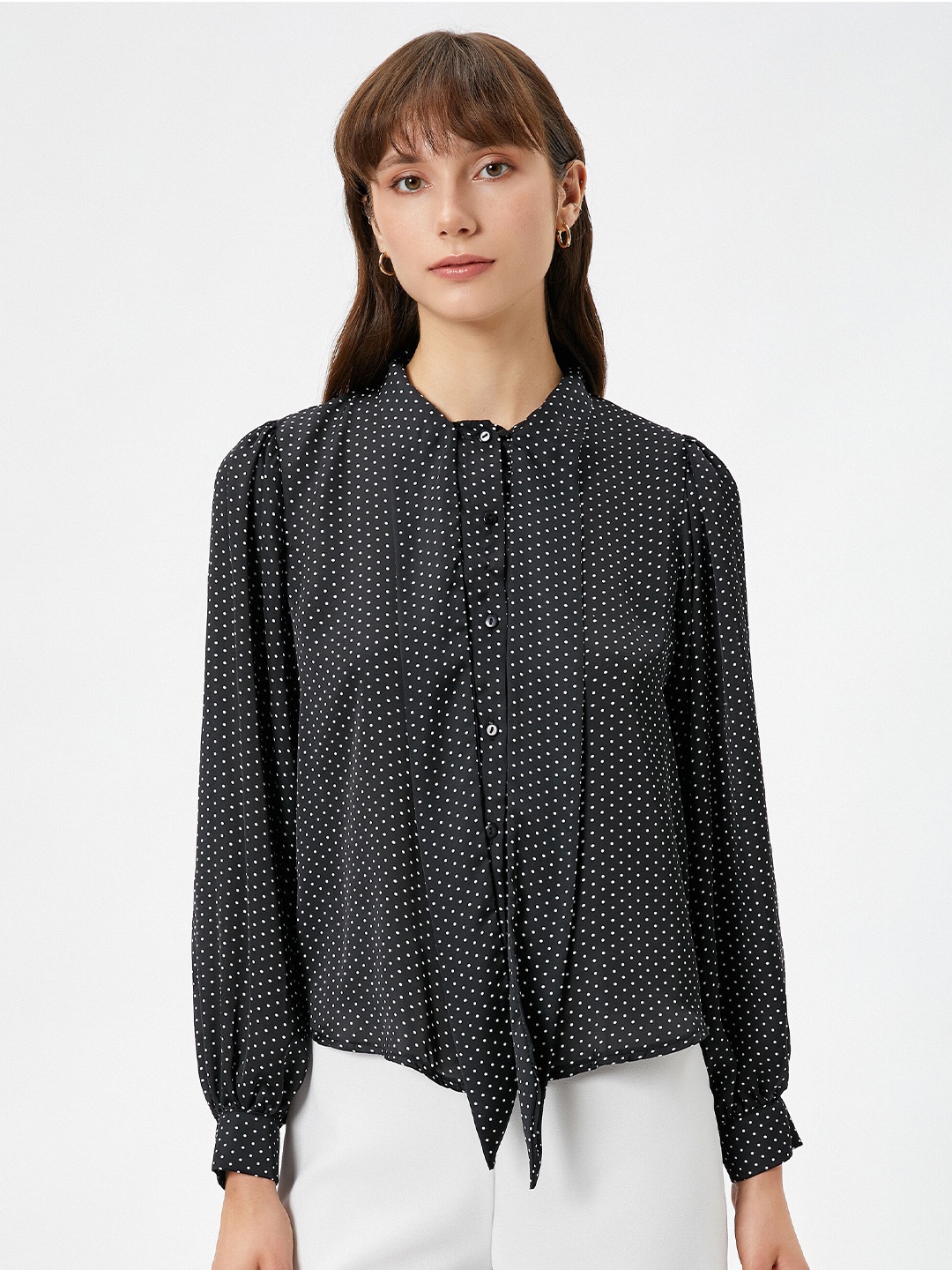 

Koton Polka Dot Printed Tie-Up Neck Shirt Style Top, Black