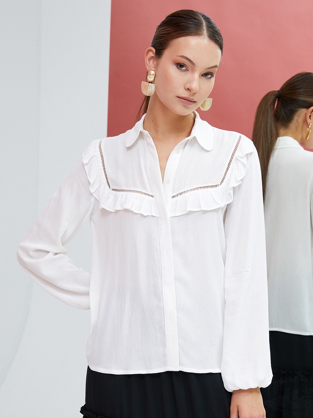 

Koton Spread Collar Ruffles Casual Shirt, White