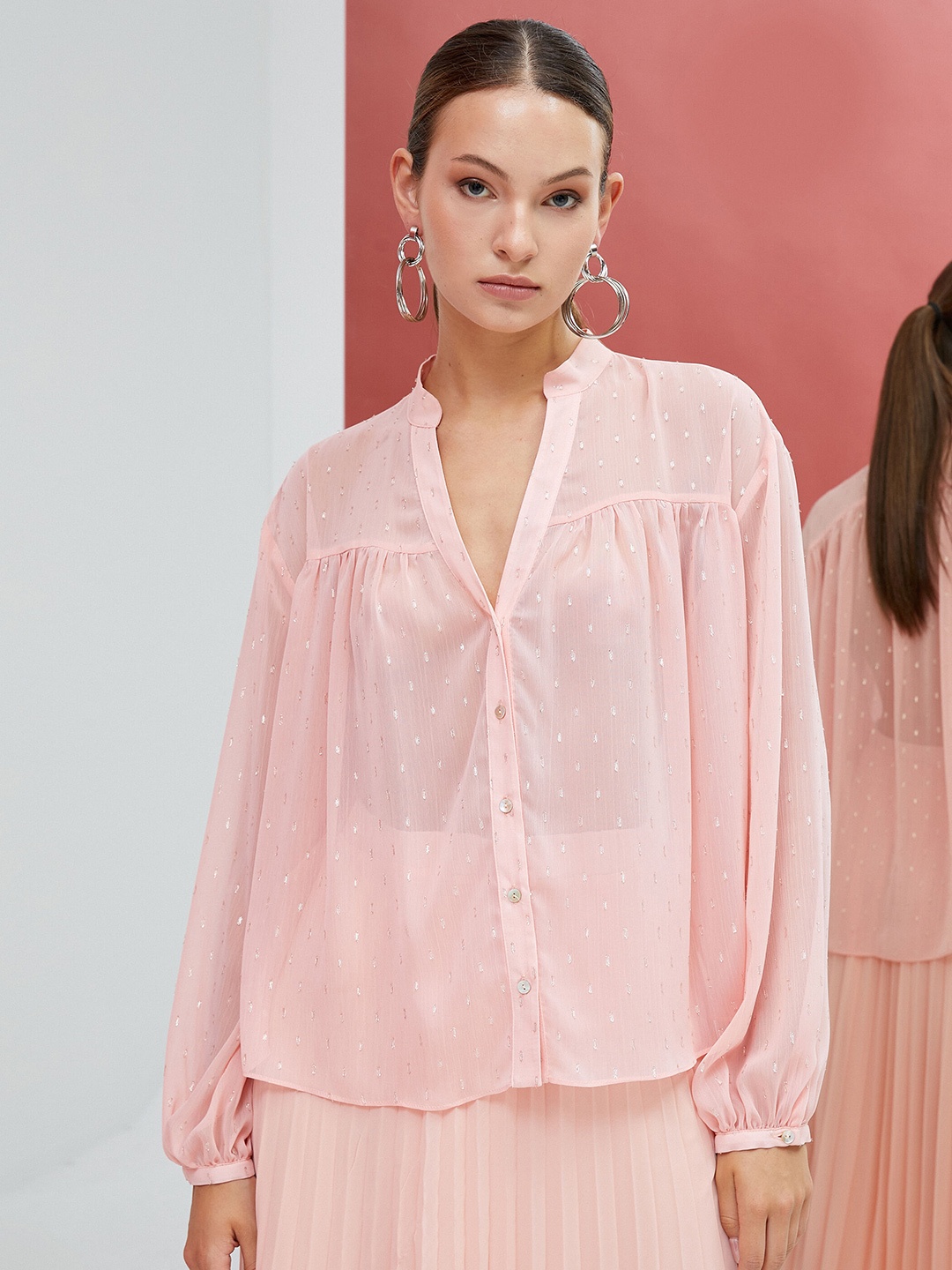 

Koton Self Designed Mandarin Collar Casual Shirt, Peach
