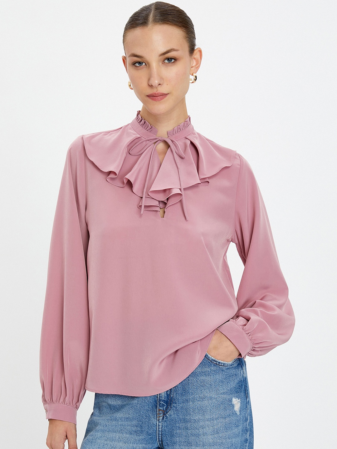 

Koton Tie-Up Neck Ruffled Regular Top, Pink