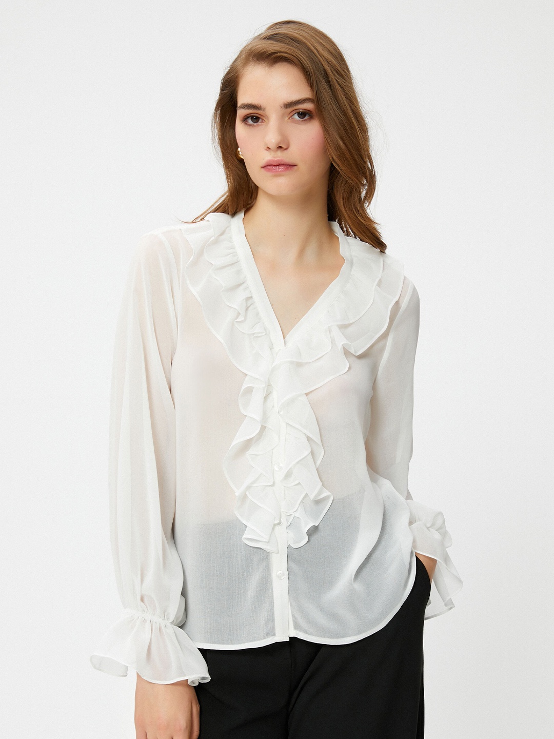 

Koton V-Neck Ruffled Semi Sheer Puff Sleeve Shirt Style Top, White