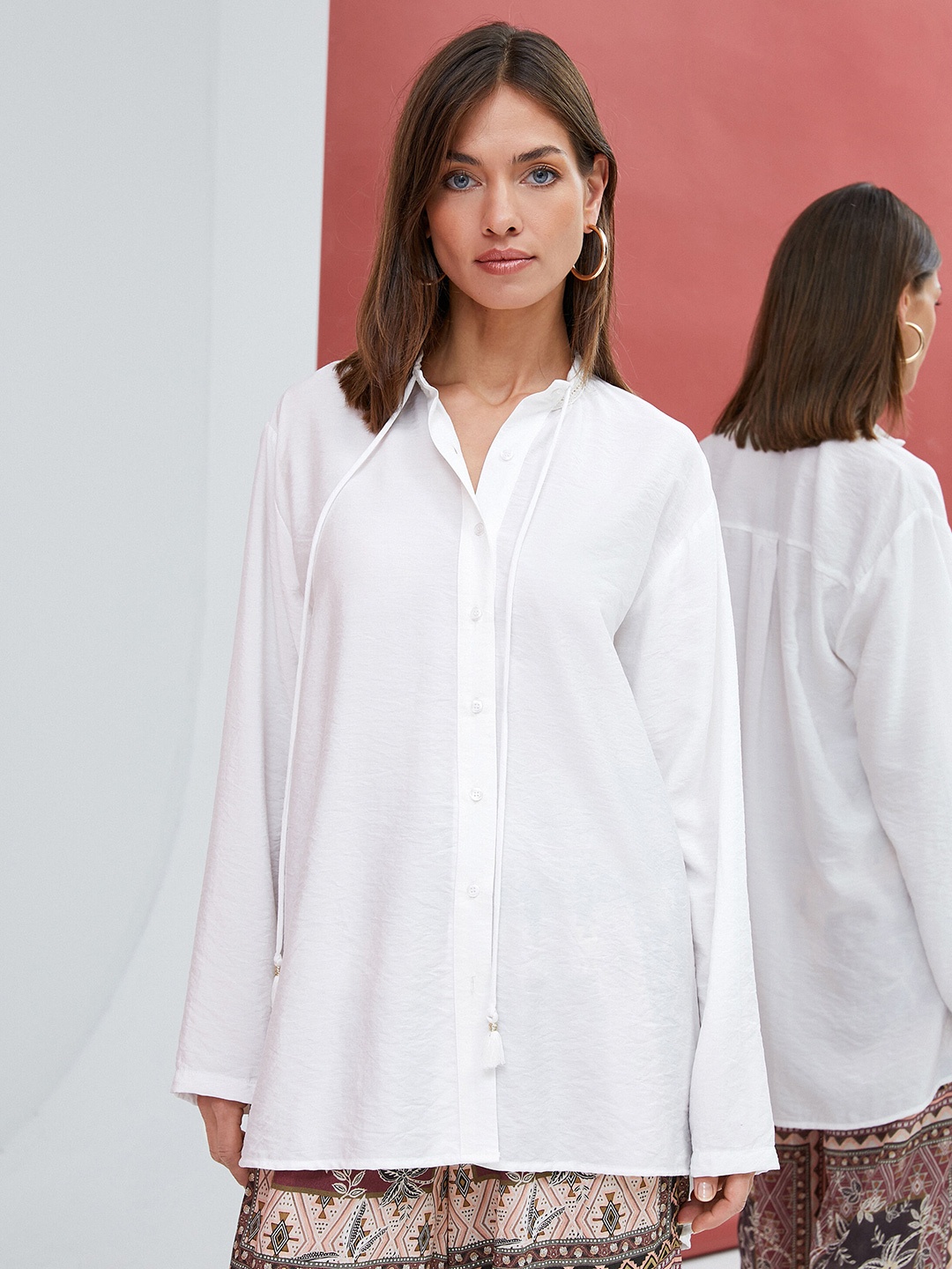 

Koton Tie-Up Mandarin Collar Casual Shirt, White