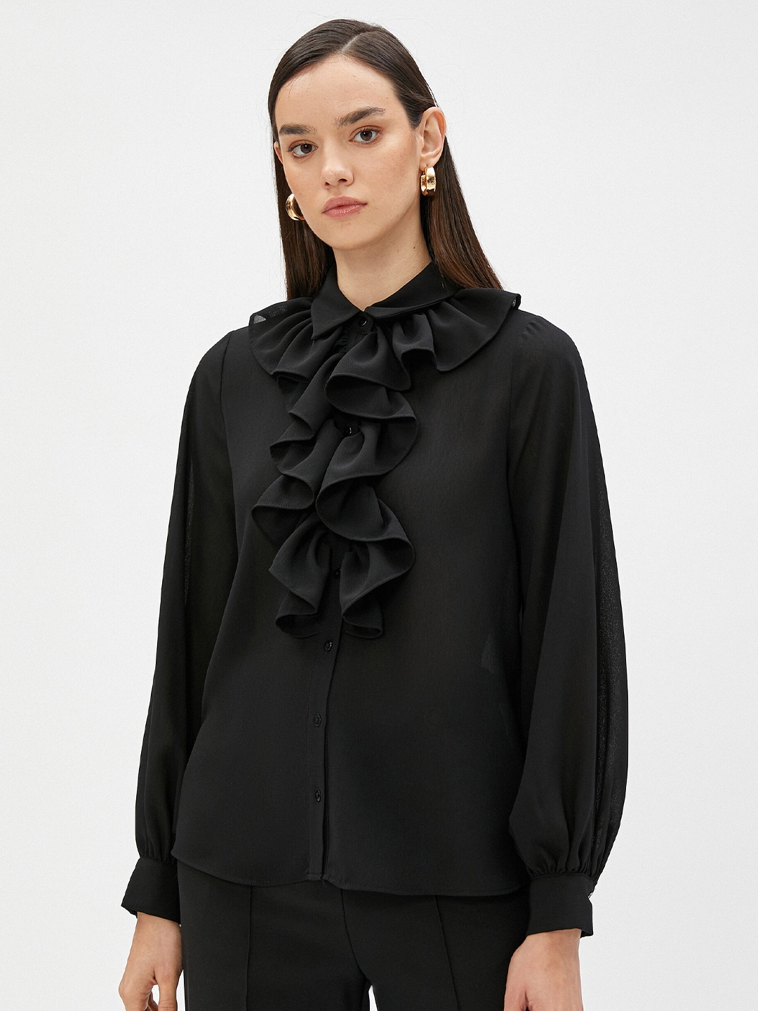 

Koton Spread Collar Ruffles Casual Shirt, Black