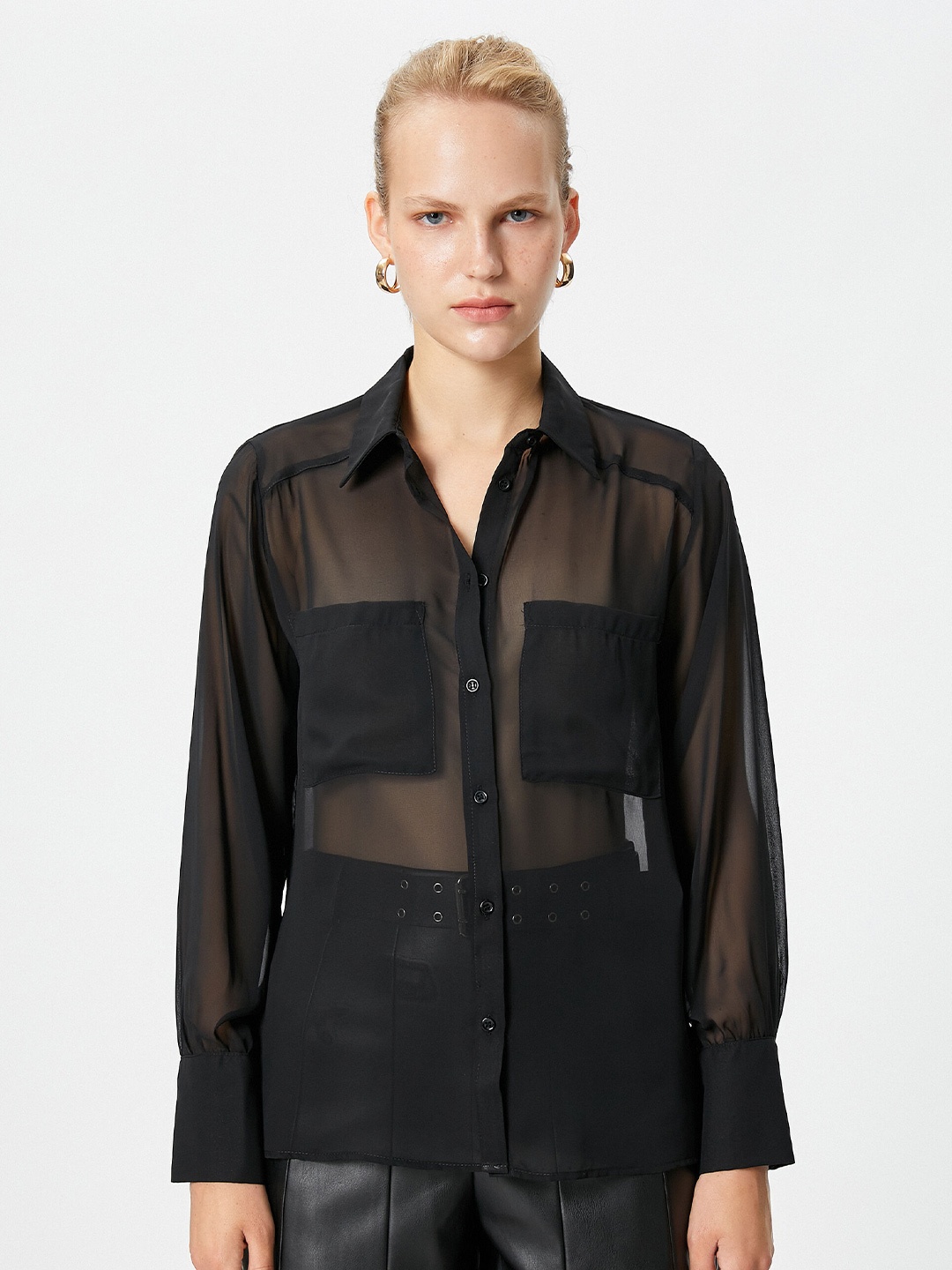 

Koton Spread Collar Sheer Casual Shirt, Black