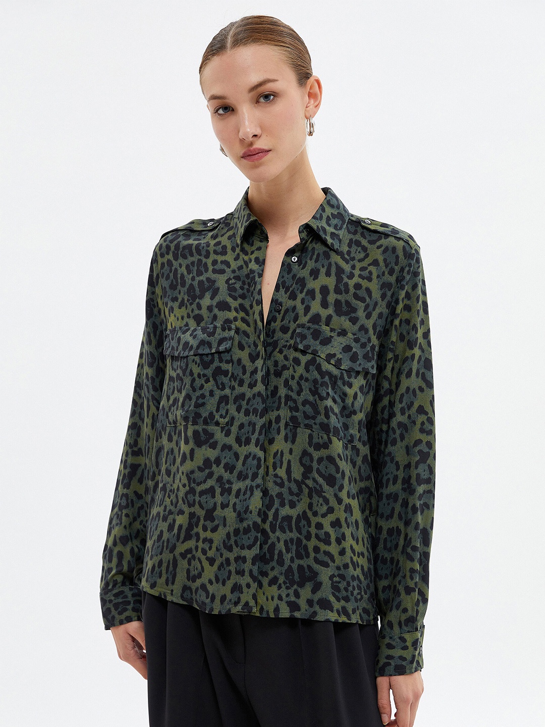 

Koton Spread Collar Animal Opaque Printed Casual Shirt, Green