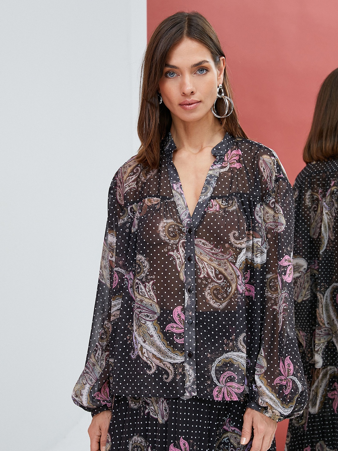 

Koton Ethnic Motifs Printed Mandarin Collar Puff Sleeve Casual Shirt, Black