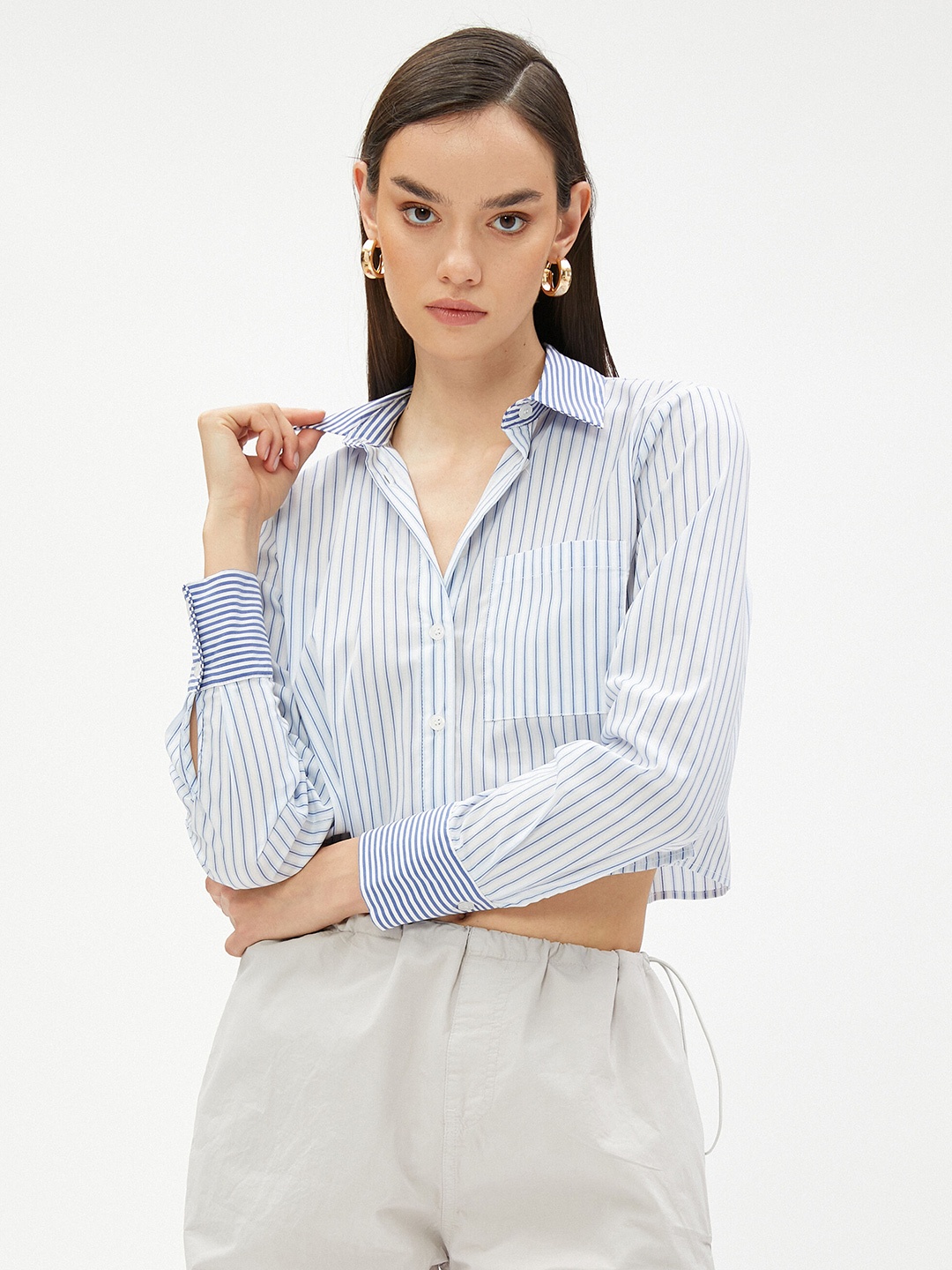 

Koton Striped Spread Collar Long Sleeve Pocket Cotton Casual Shirt, White