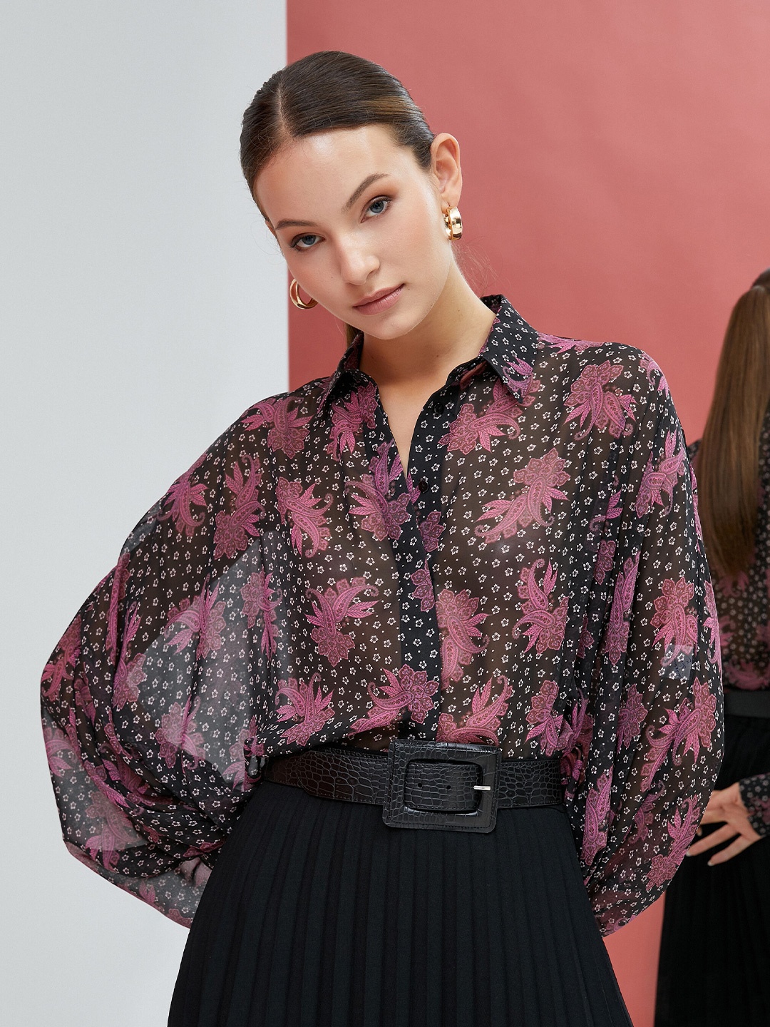 

Koton Floral Printed Spread Collar Long Sleeves Casual Shirt, Black