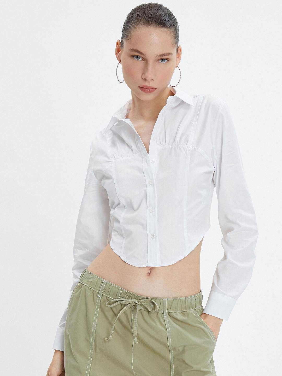 

Koton Spread Collar Cotton Crop Casual Shirt, White