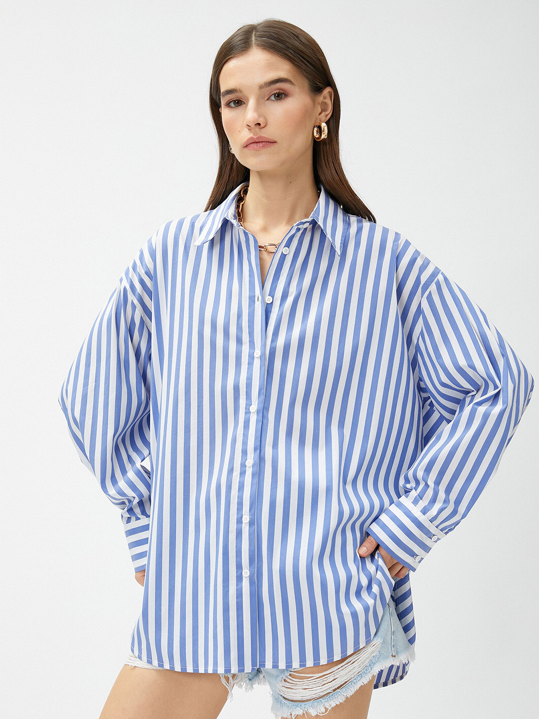 

Koton Vertical Striped Pure Cotton Casual Longline Shirt, Blue