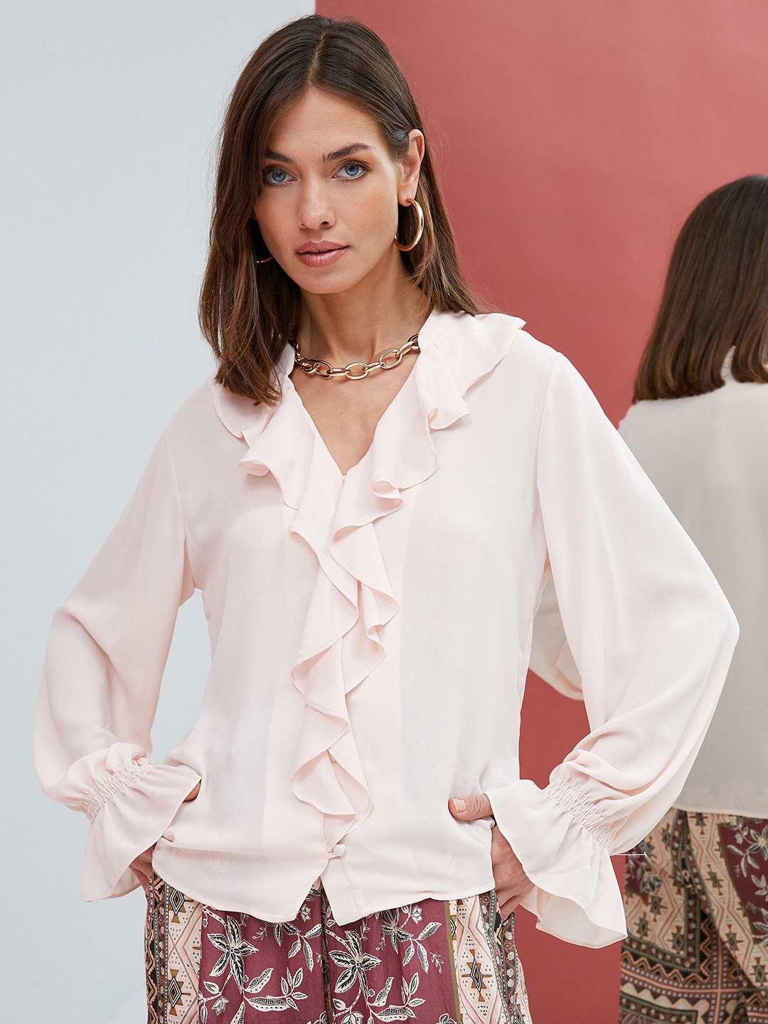 

Koton Ruffled Cuffed Sleeves Shirt Style Top, Pink