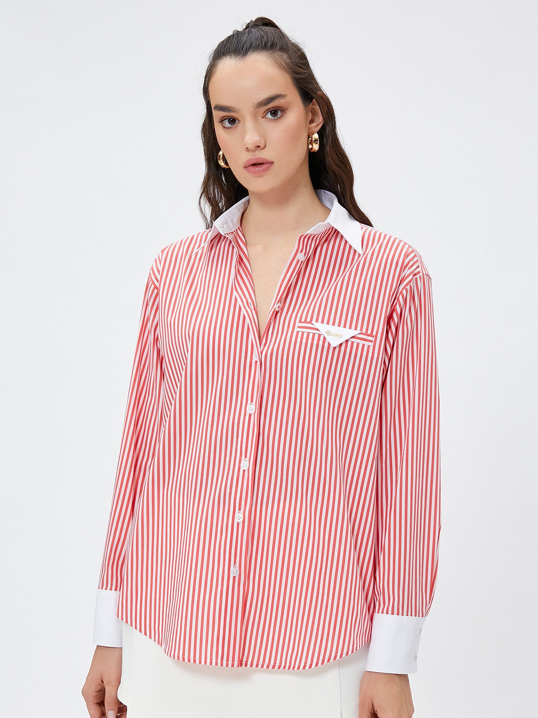 

Koton Vertical Striped Pure Cotton Casual Longline Shirt, Pink