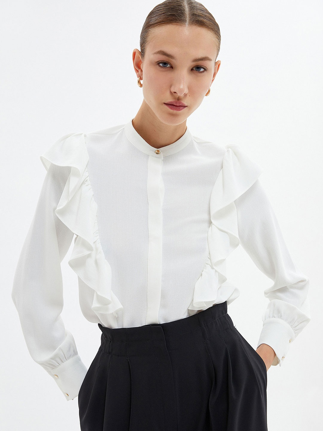 

Koton Band Collar Ruffles Casual Shirt, White