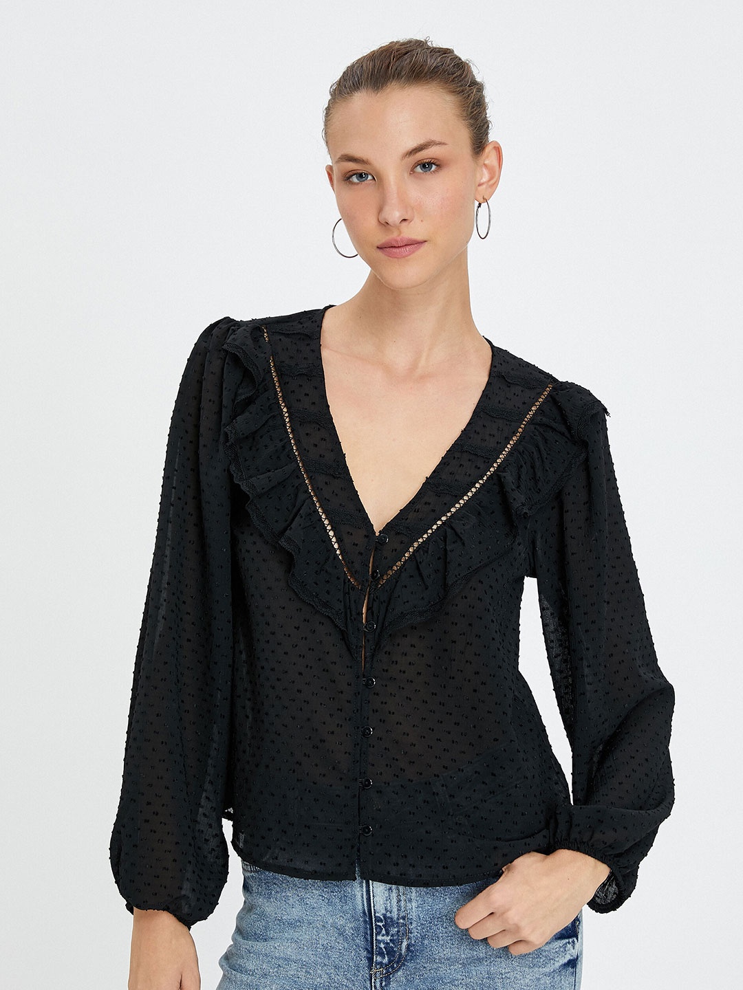 

Koton Self Design Puff Sleeves Semi Sheer Shirt Style Top, Black