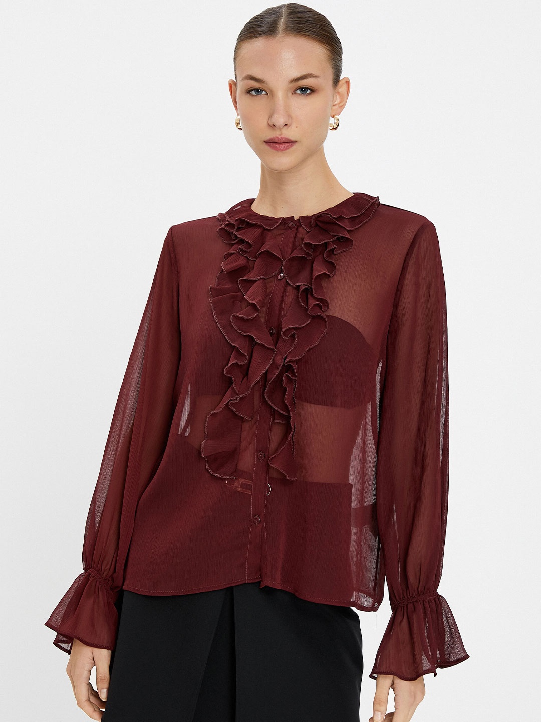 

Koton Semi Sheer Ruffled Cuffed Sleeves Top, Maroon