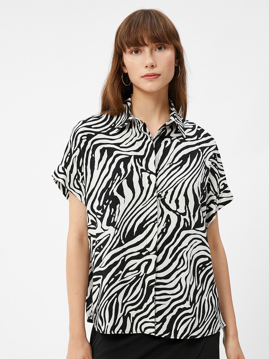 

Koton Animal Printed Spread Collar Extended Sleeves Casual Shirt, Black