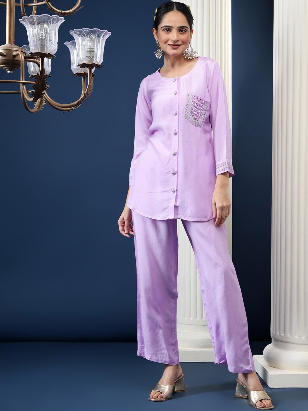 

Bani Women Embellished Round Neck Tunic With Trousers, Lavender