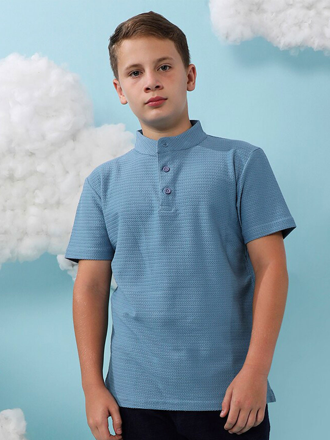 

Instafab Boys Self Design Stand Collar Cotton T-shirt, Blue