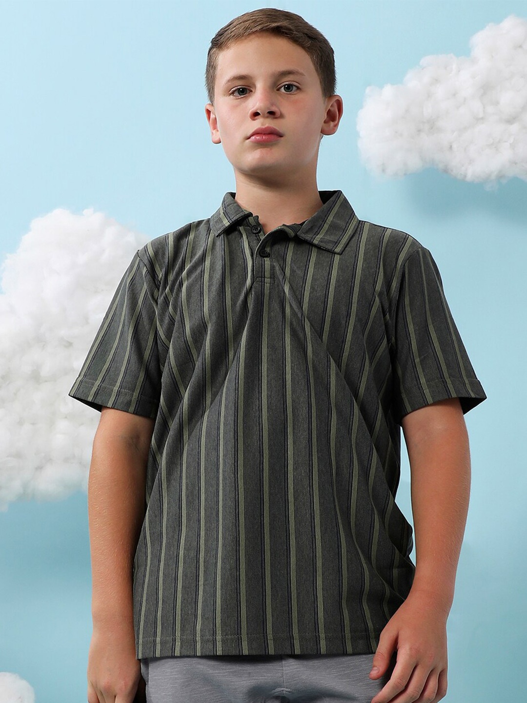 

Instafab Boys Striped Polo Neck Short Sleeves Cotton T-shirt, Grey