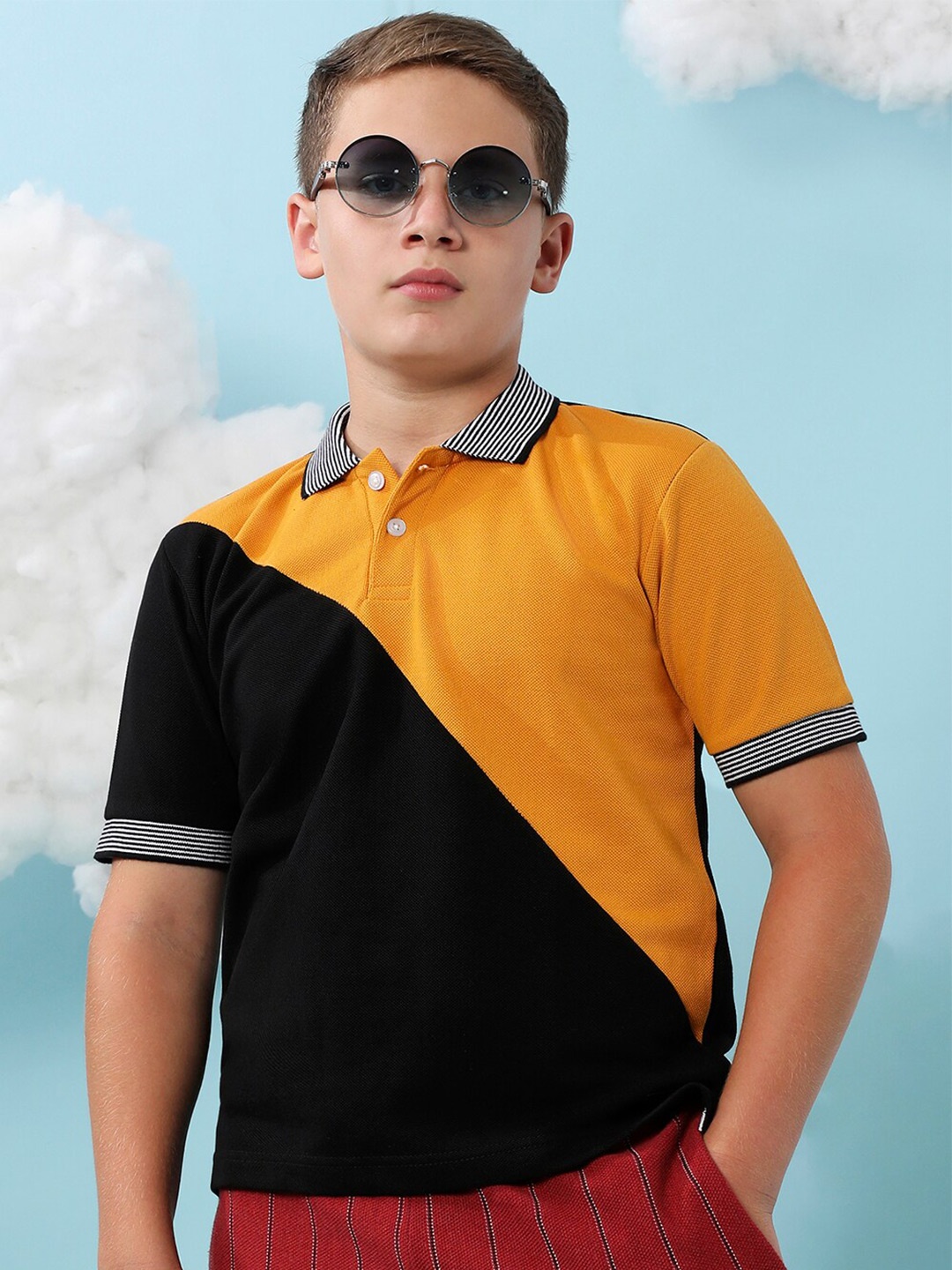 

Instafab Boys Colourblocked Polo Neck Cotton T-shirt, Mustard