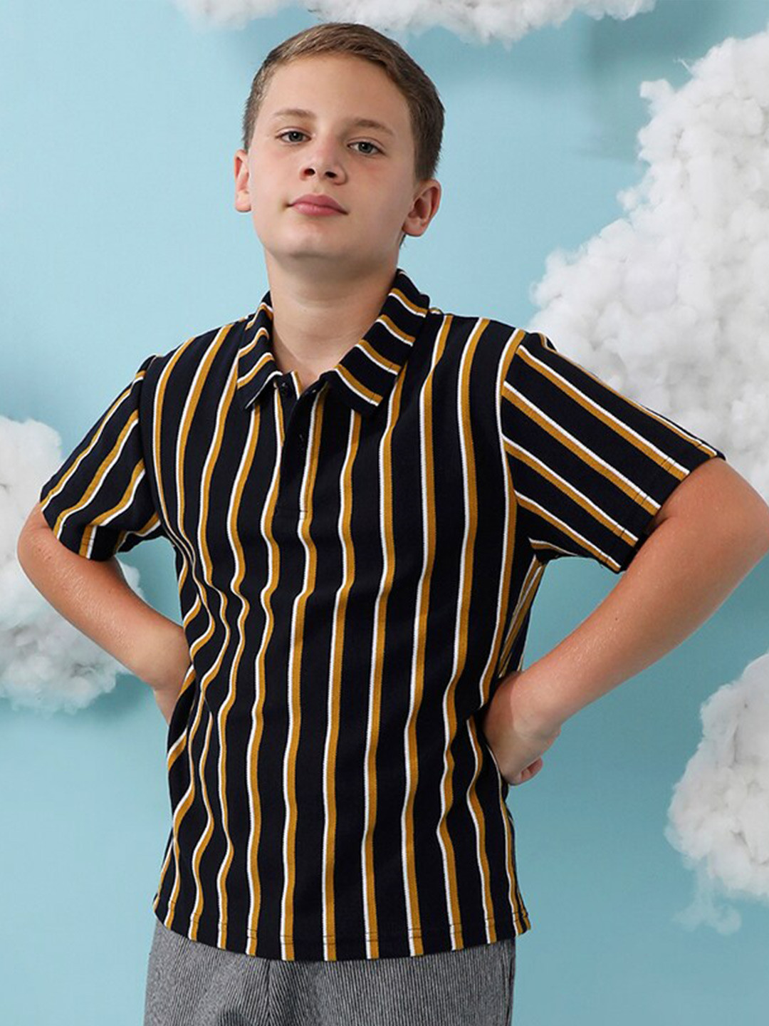 

Instafab Boys Striped Polo Neck Short Sleeves Cotton T-shirt, Black