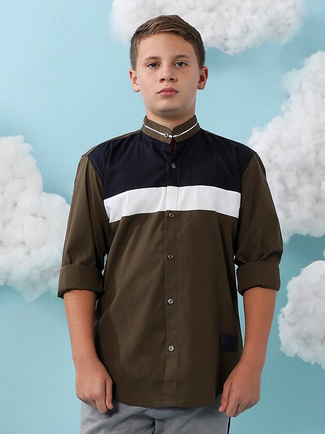 

Instafab Boys Classic Colourblocked Contrast Panel Band Collar Casual Cotton Shirt, Olive
