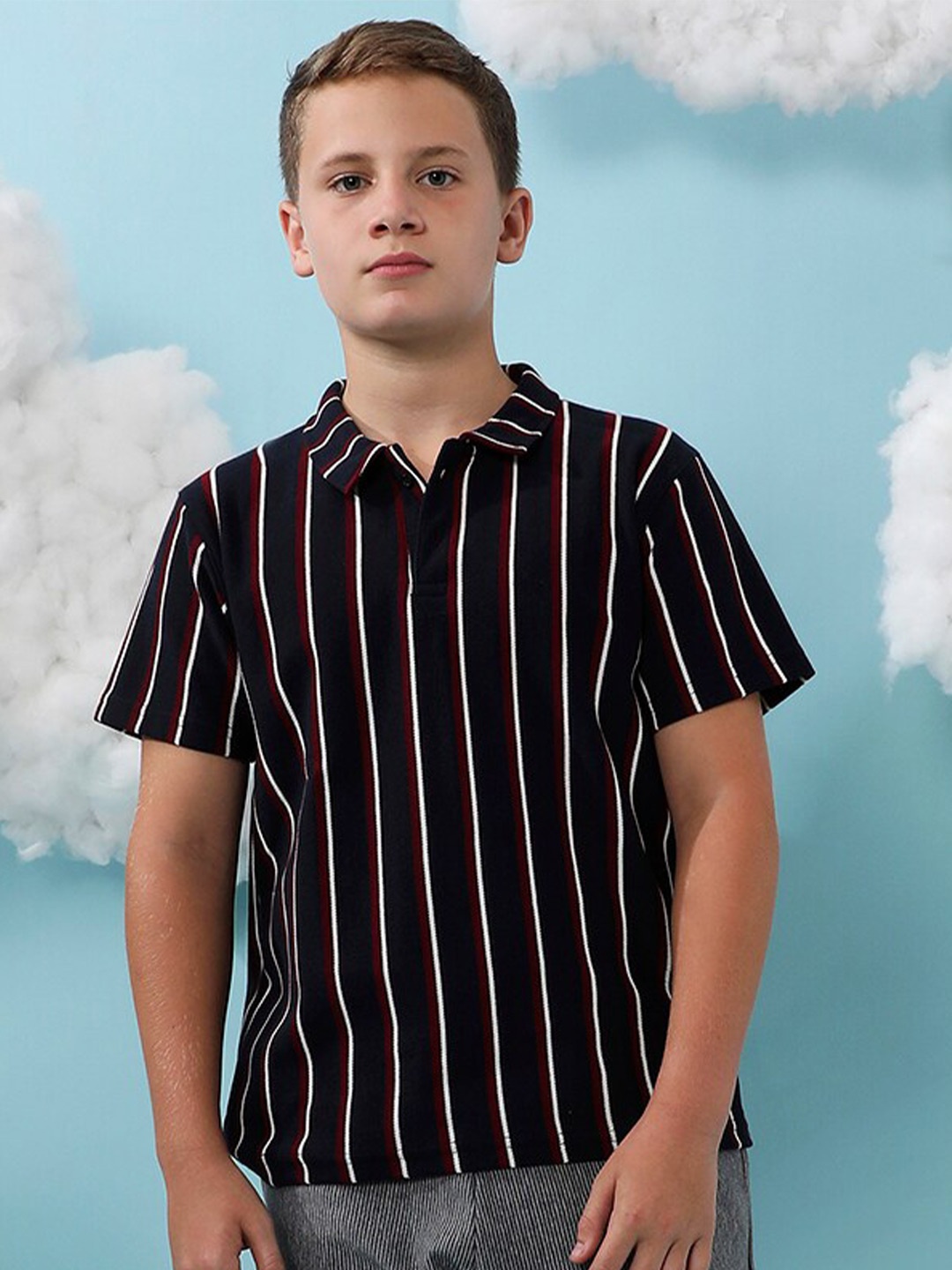 

Instafab Boys Striped Polo Collar Cotton Regular T-shirt, Navy blue