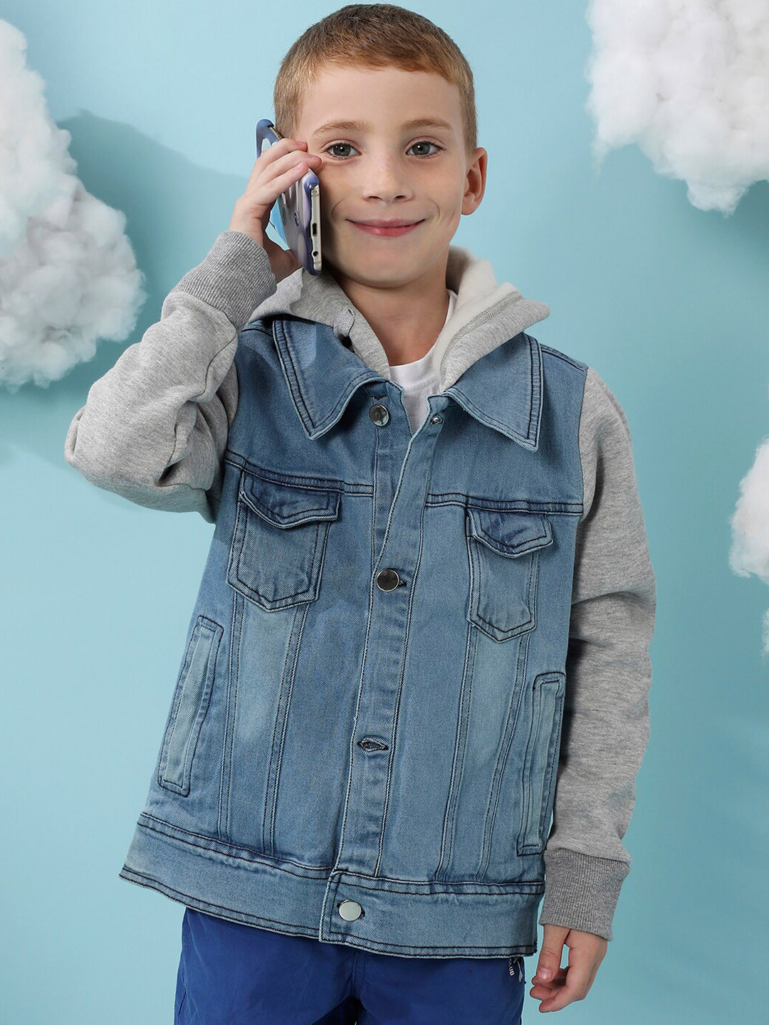

Instafab Boys Washed Windcheater Hooded Cotton Denim Jacket, Blue