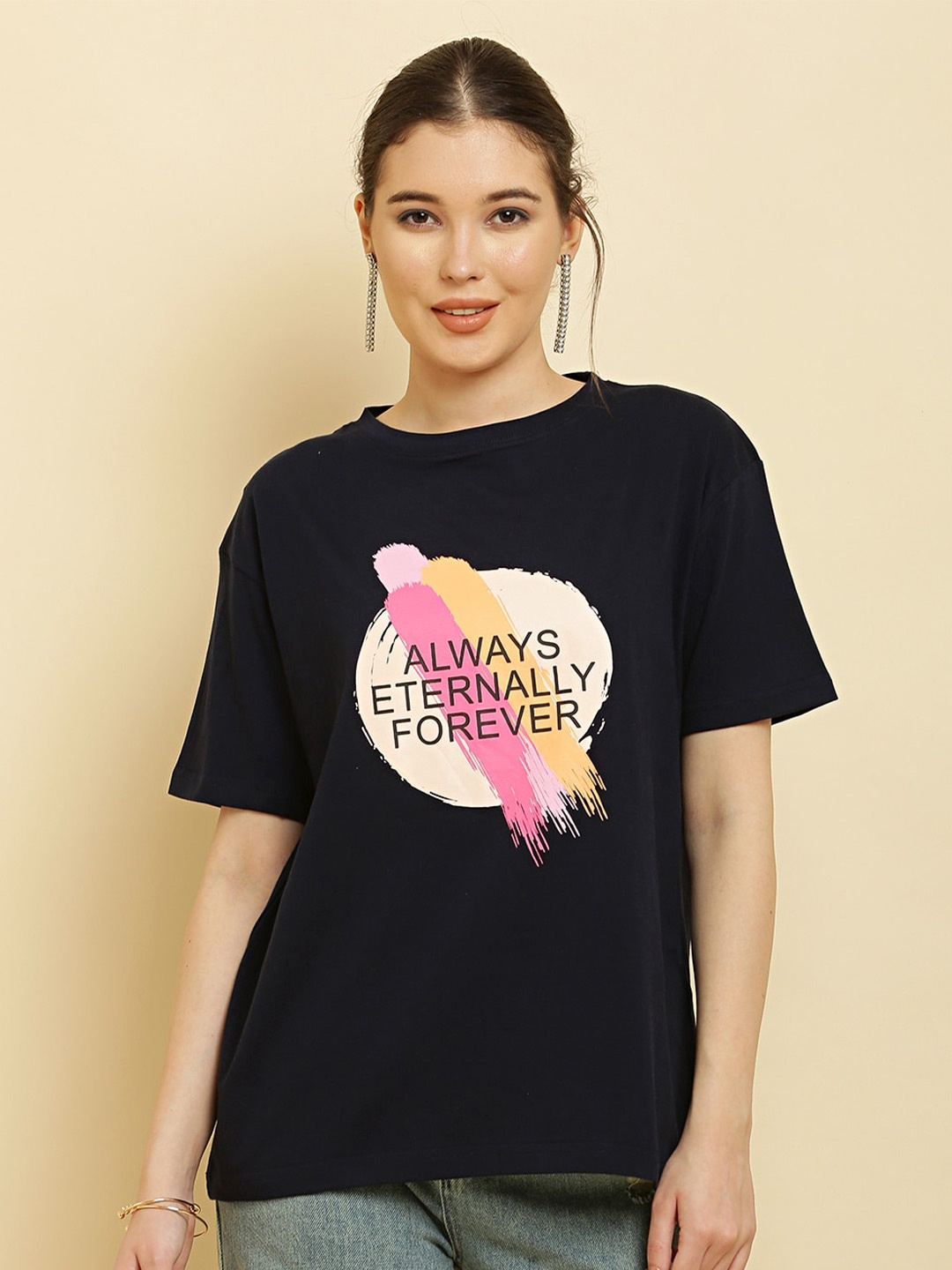 

HERE&NOW Black Typography Printed Pure Cotton Boxy T-shirt
