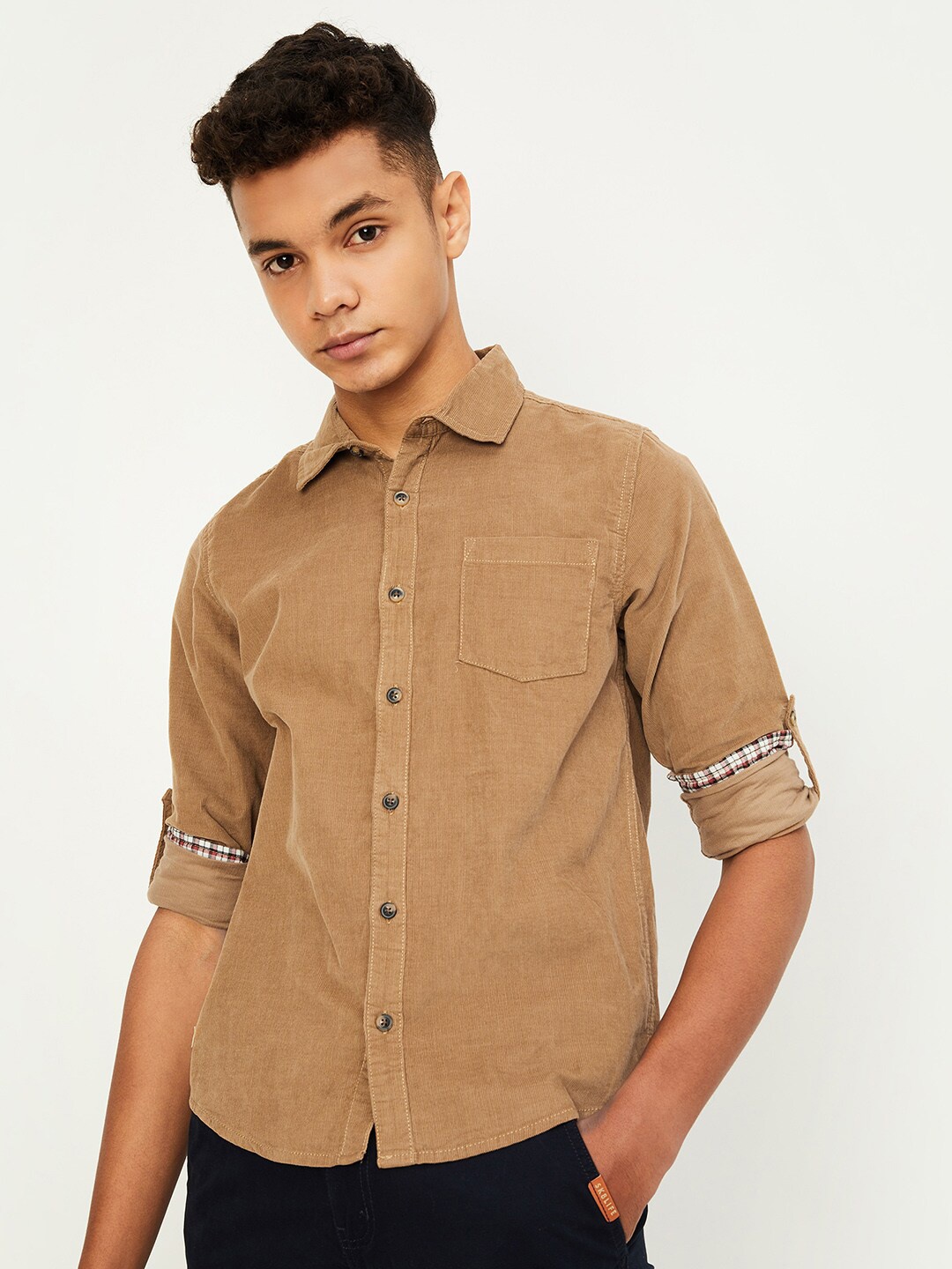 

max Boys Spread Collar Casual Pure Cotton Shirt, Beige