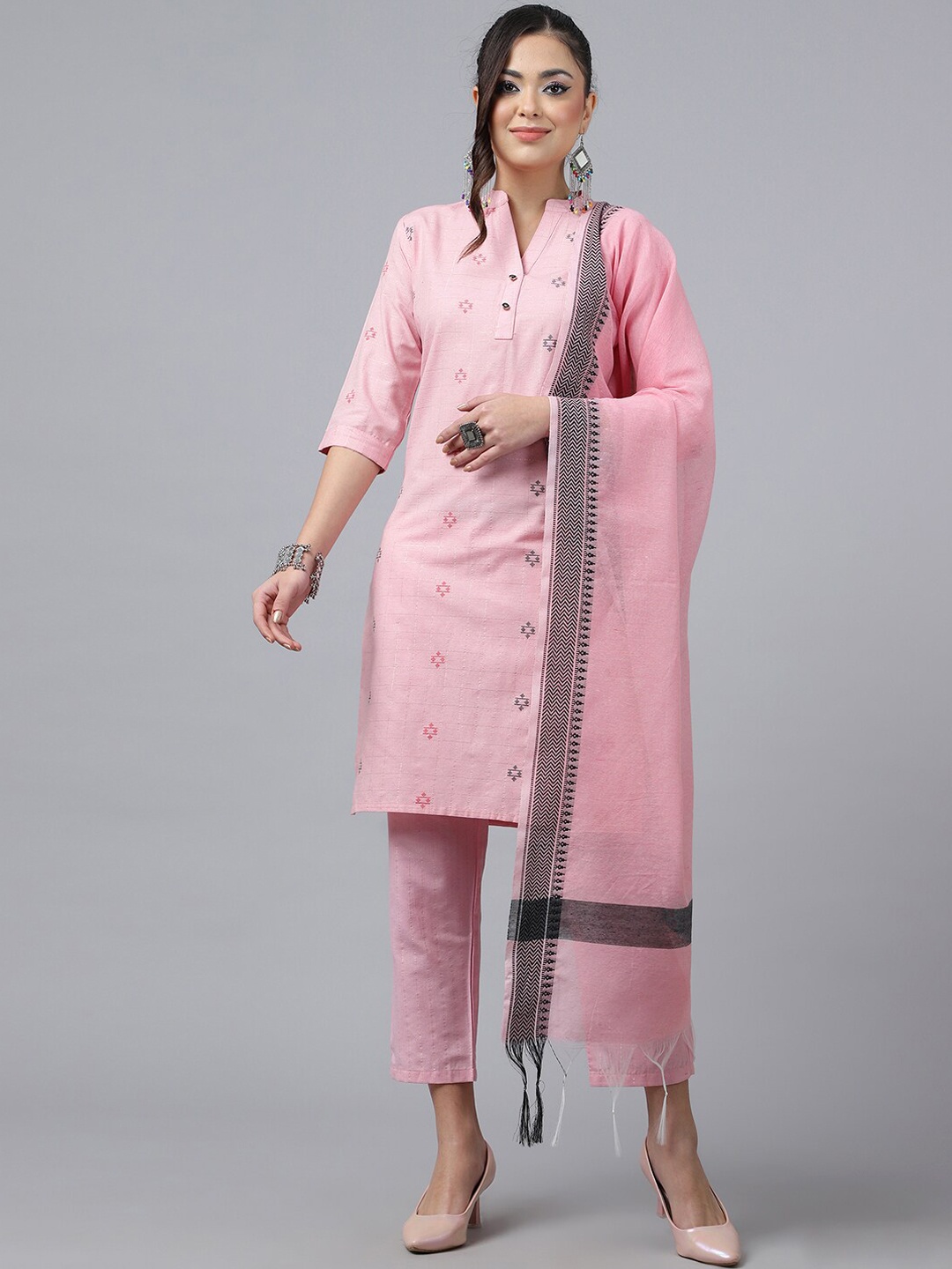 

KALINI Ethnic Motifs Woven Design Mandain Collar Straight Kurta & Trouser With Dupatta, Pink