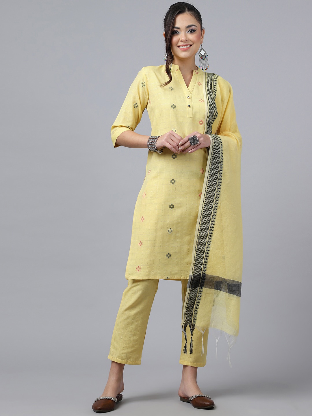 

KALINI Geometric Woven Design Mandarin Collar Regular Kurta With Trousers & Dupatta, Yellow