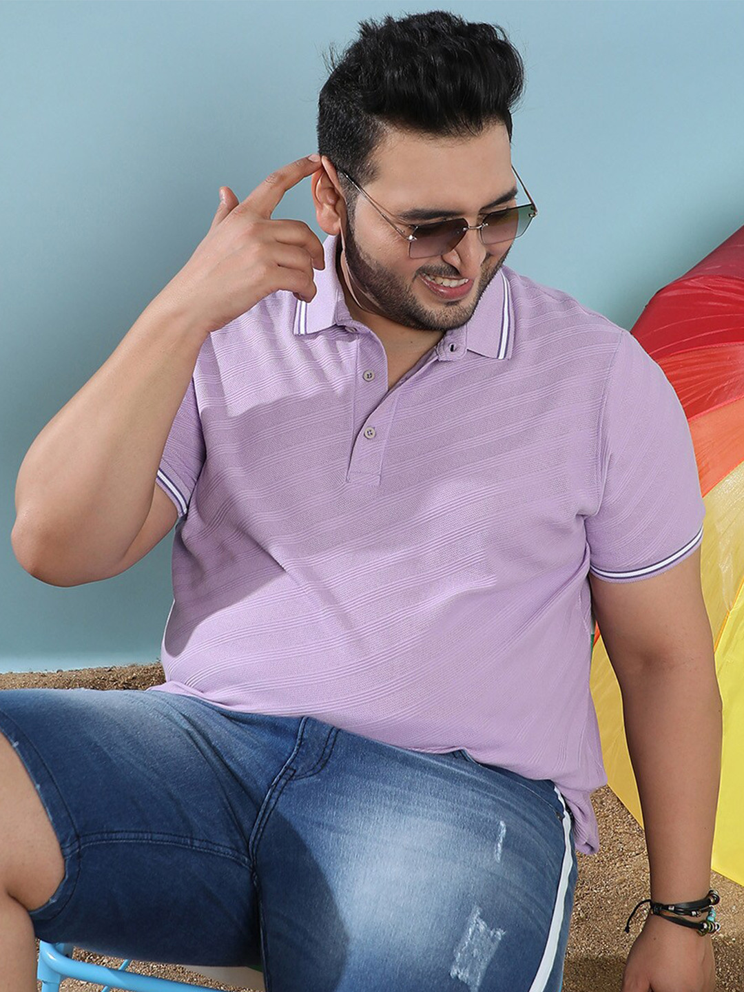

Instafab Plus Plus Size Self Design Polo Collar Cotton T-shirt, Lavender