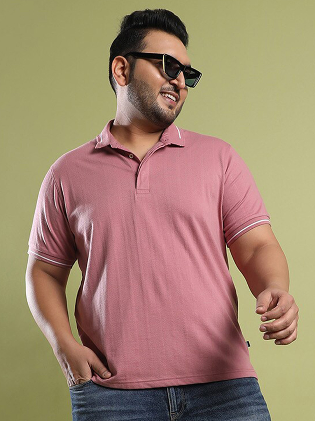 

Instafab Plus Plus Size Self Design Polo Collar Cotton T-shirt, Coral
