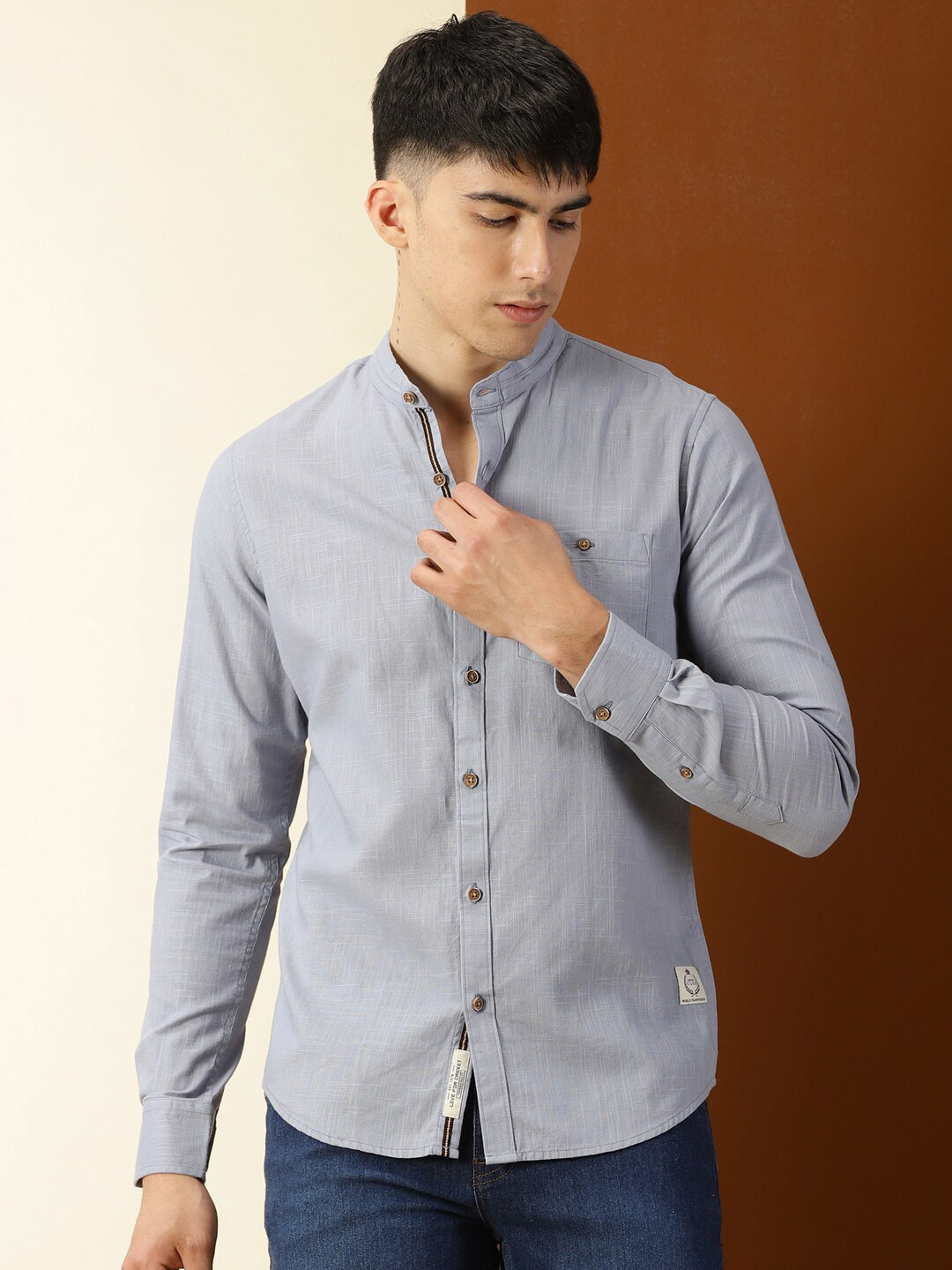 

Thomas Scott Classic Slim Fit Mandarin Collar Cotton Casual Shirt, Grey