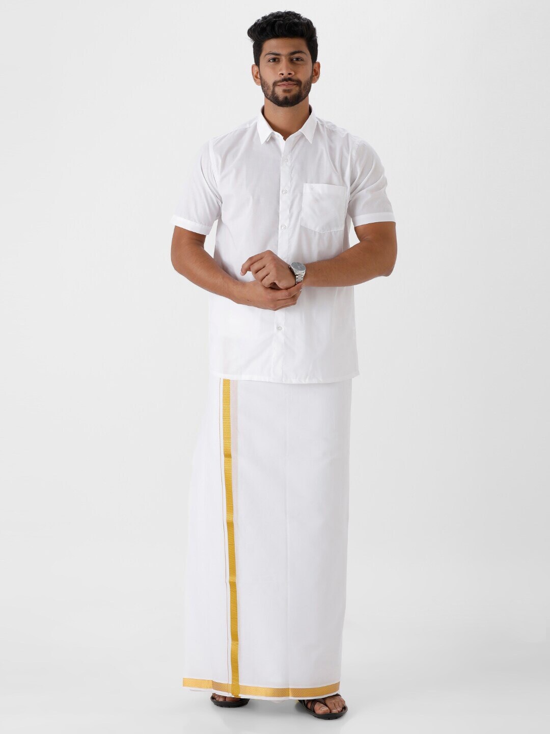 

Ramraj Short Sleeves Pure Cotton Shirt With Zari Border Veshti, White