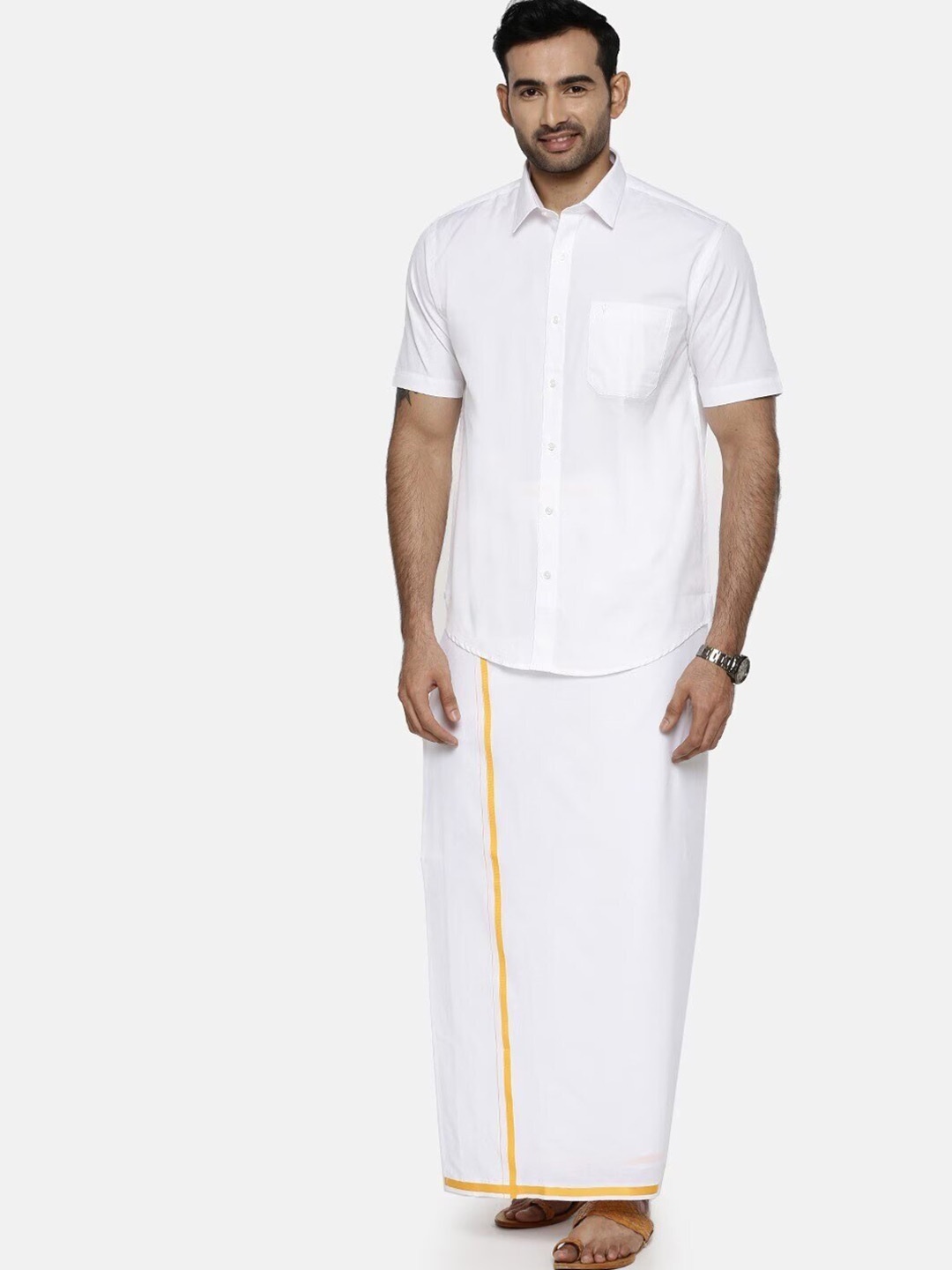 

Ramraj Spread Collar Shirt With 3/4 inch Gold Jari Border Veshti, White