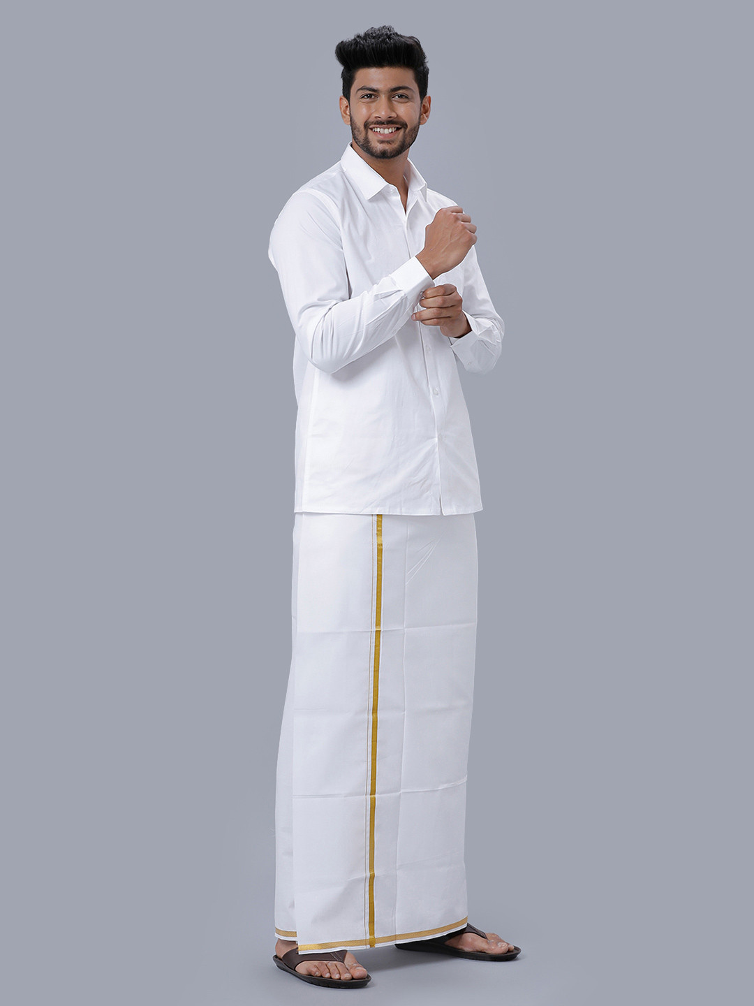 

Ramraj Spread Collar Shirt With 1/2 inch Gold Jari Border Veshti, White
