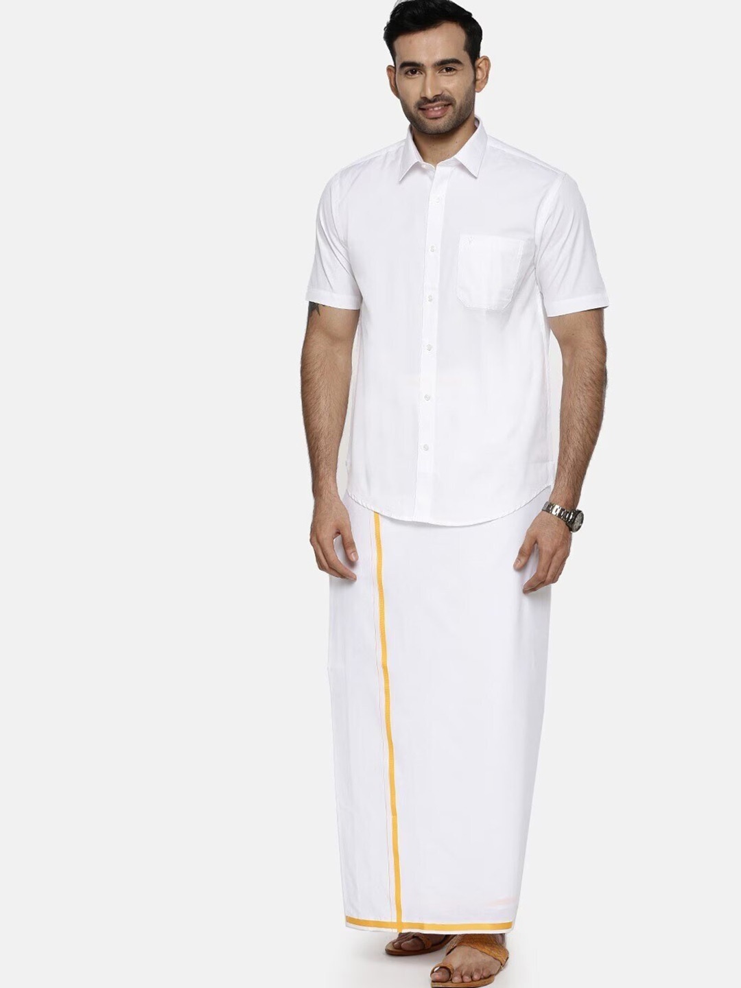 

Ramraj Spread Collar Short Sleeves Shirt With Gold Jari Border Veshti, White