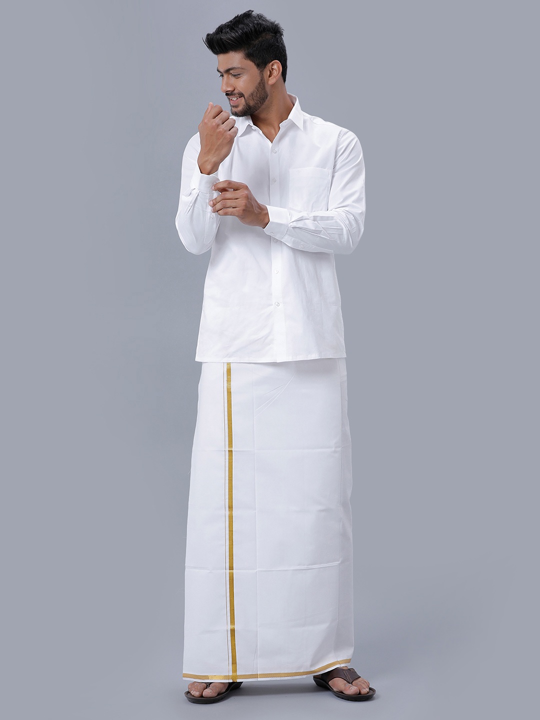 

Ramraj Long Sleeves Shirt With 1/2 inch Gold Jari Border Veshti, White