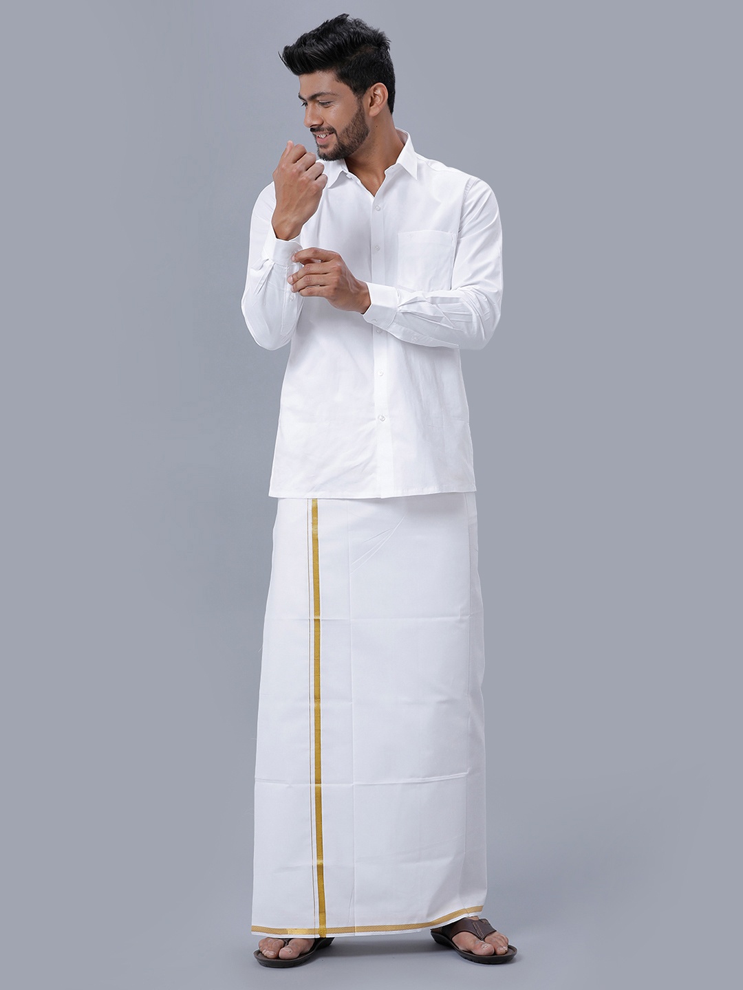 

Ramraj Long Sleeves Shirt With Gold Jari Border Veshti, White