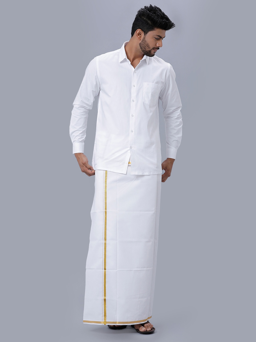 

Ramraj Shirt Collar Shirt With Veshti, White