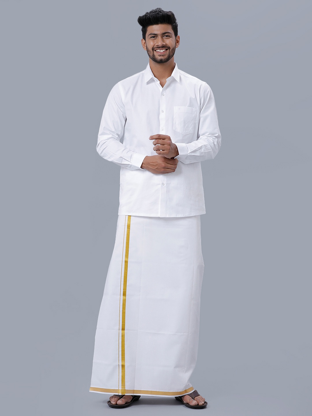 

Ramraj Spread Collar Short Sleeves Shirt With Gold Jari Border Veshti, White
