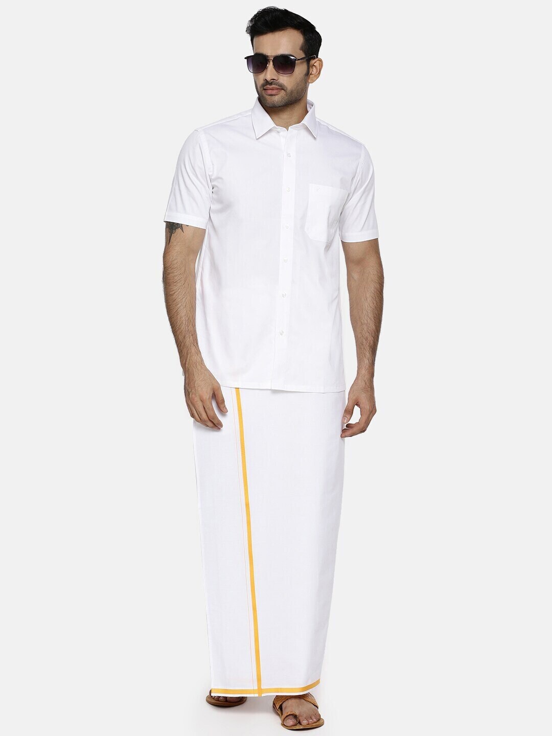 

Ramraj Short Sleeves Shirt With Gold Jari Border Veshti, White