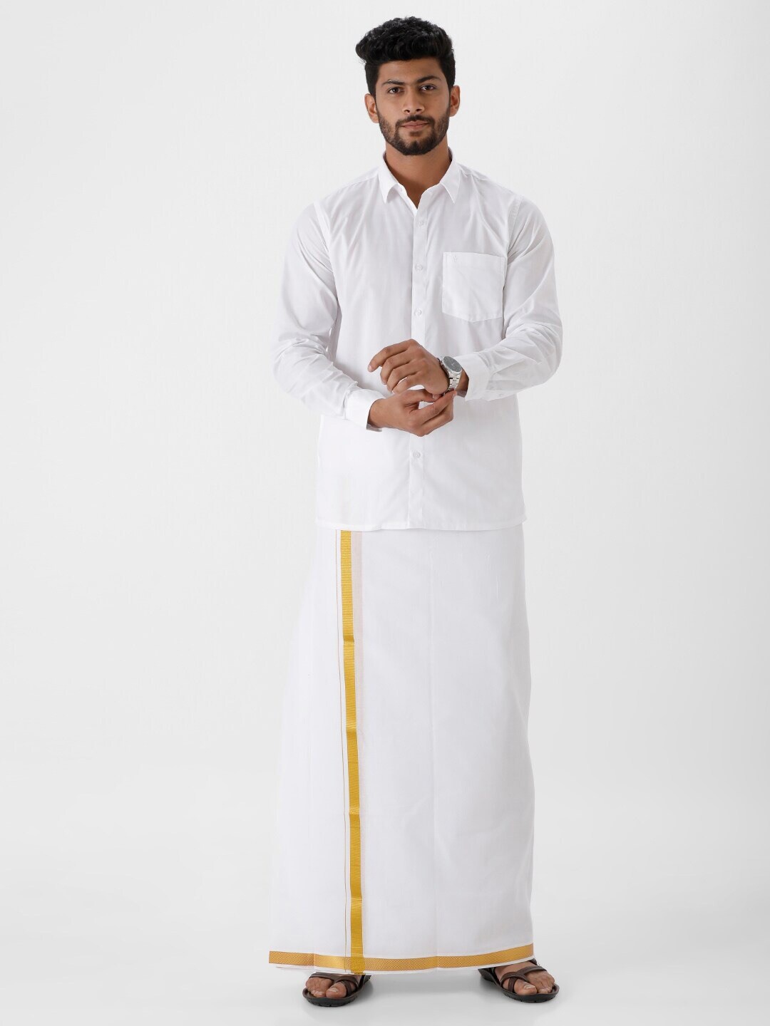 

Ramraj Long Sleeves Pure Cotton Shirt With Zari Border 3/4 inch Gold Jari Border Veshti, White