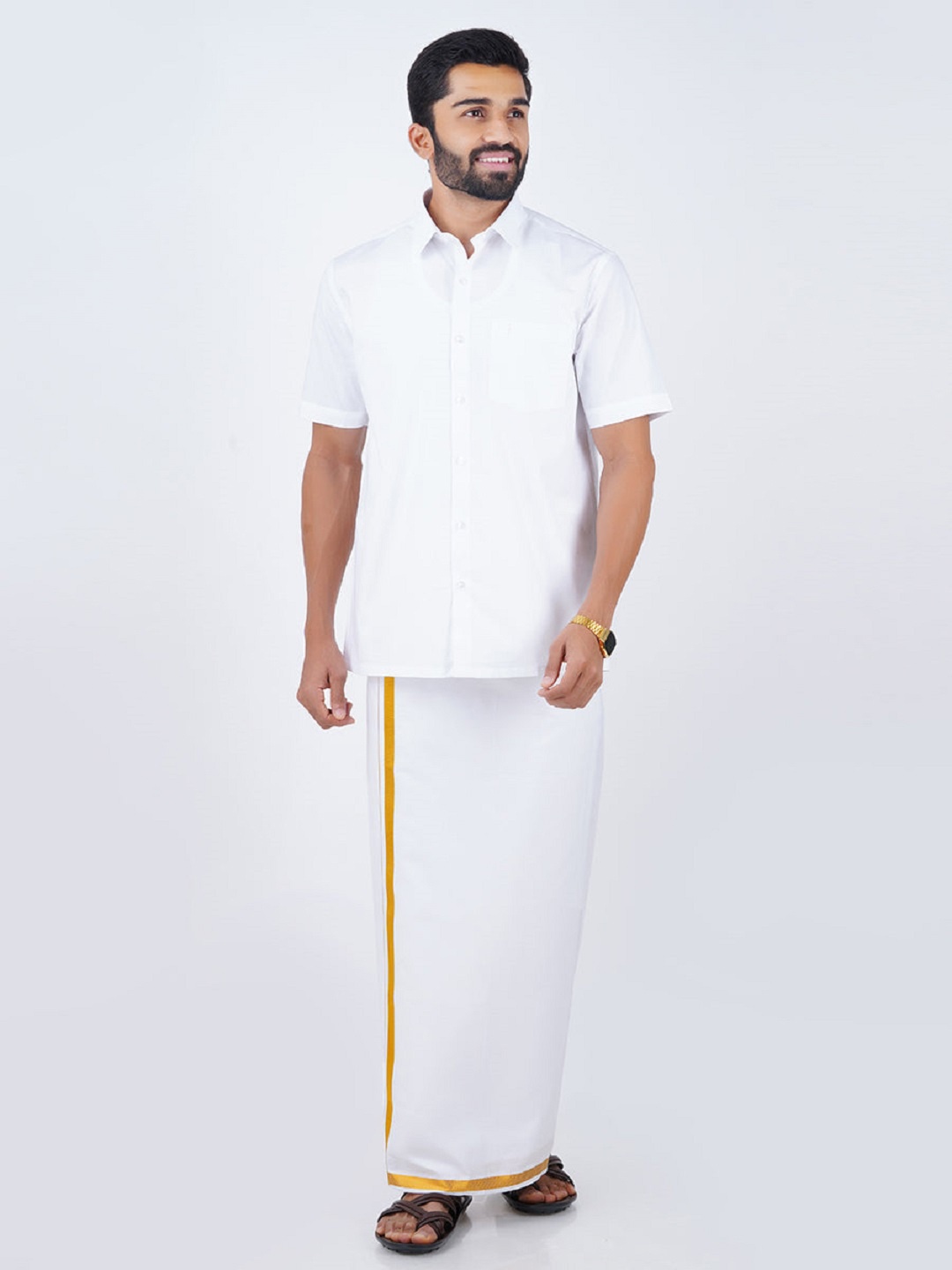 Ramraj Short Sleeves Shirt With 1/2 inch Gold Jari Border Veshti, White