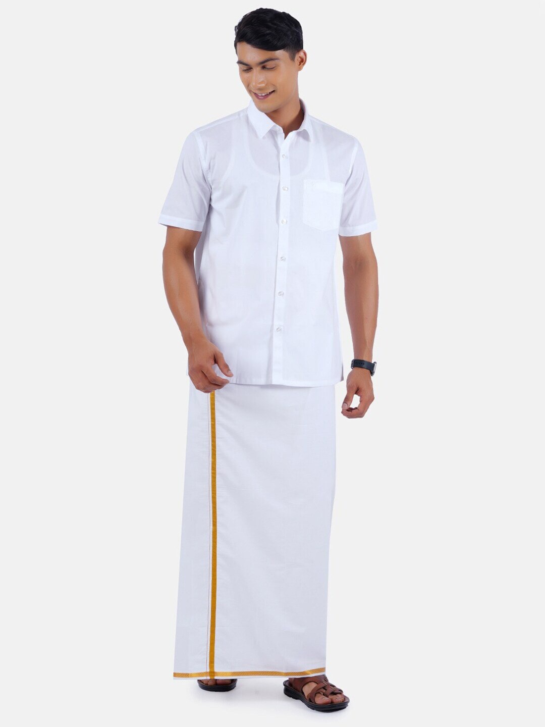 

Ramraj Spread Collar Short Sleeves Shirt With Gold Jari Border Veshti, White