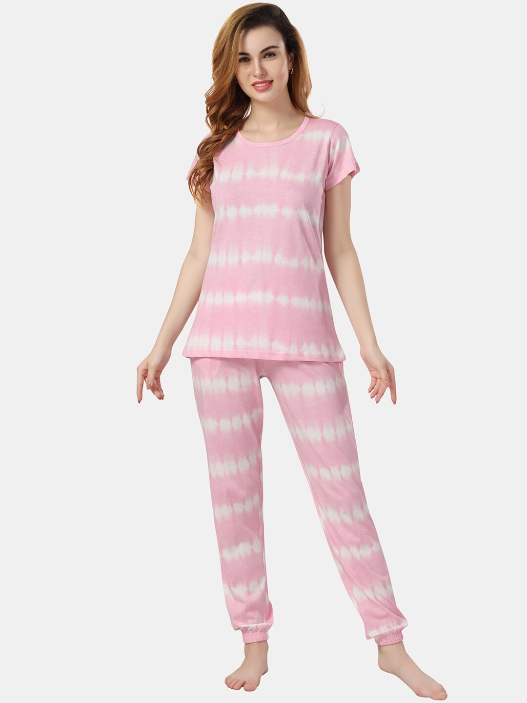 

Fabme Tie & Dye Dyed Short Sleeves Pure Cotton T-shirt & Jogger, Pink