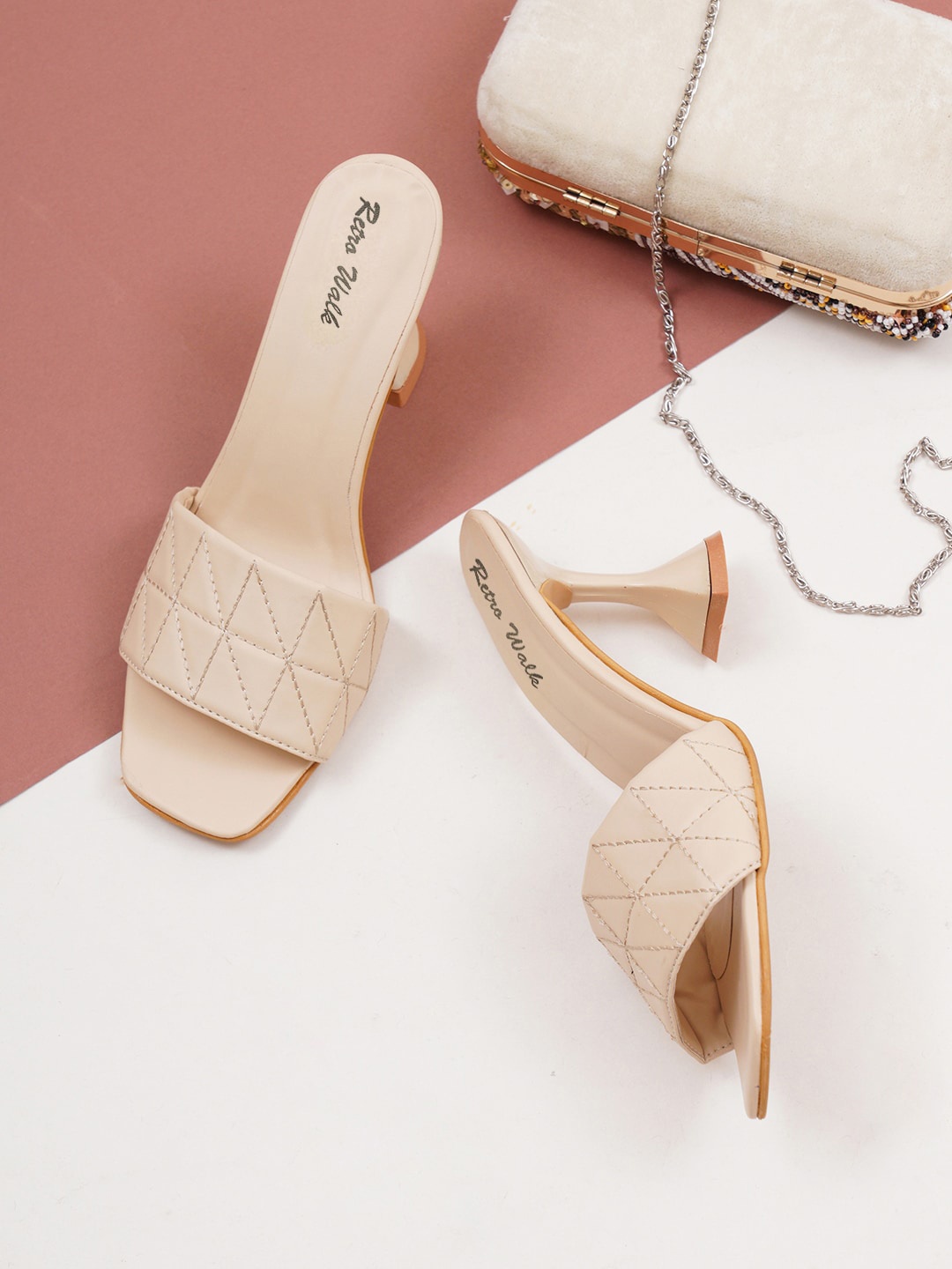 

Retro Walk Stitched Detail Open Toe Slim Heels, Cream